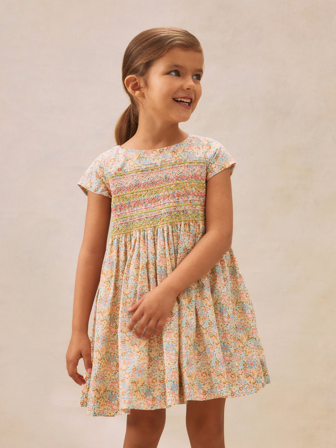 Robe Duchesse smockée en tissu Liberty multicolore